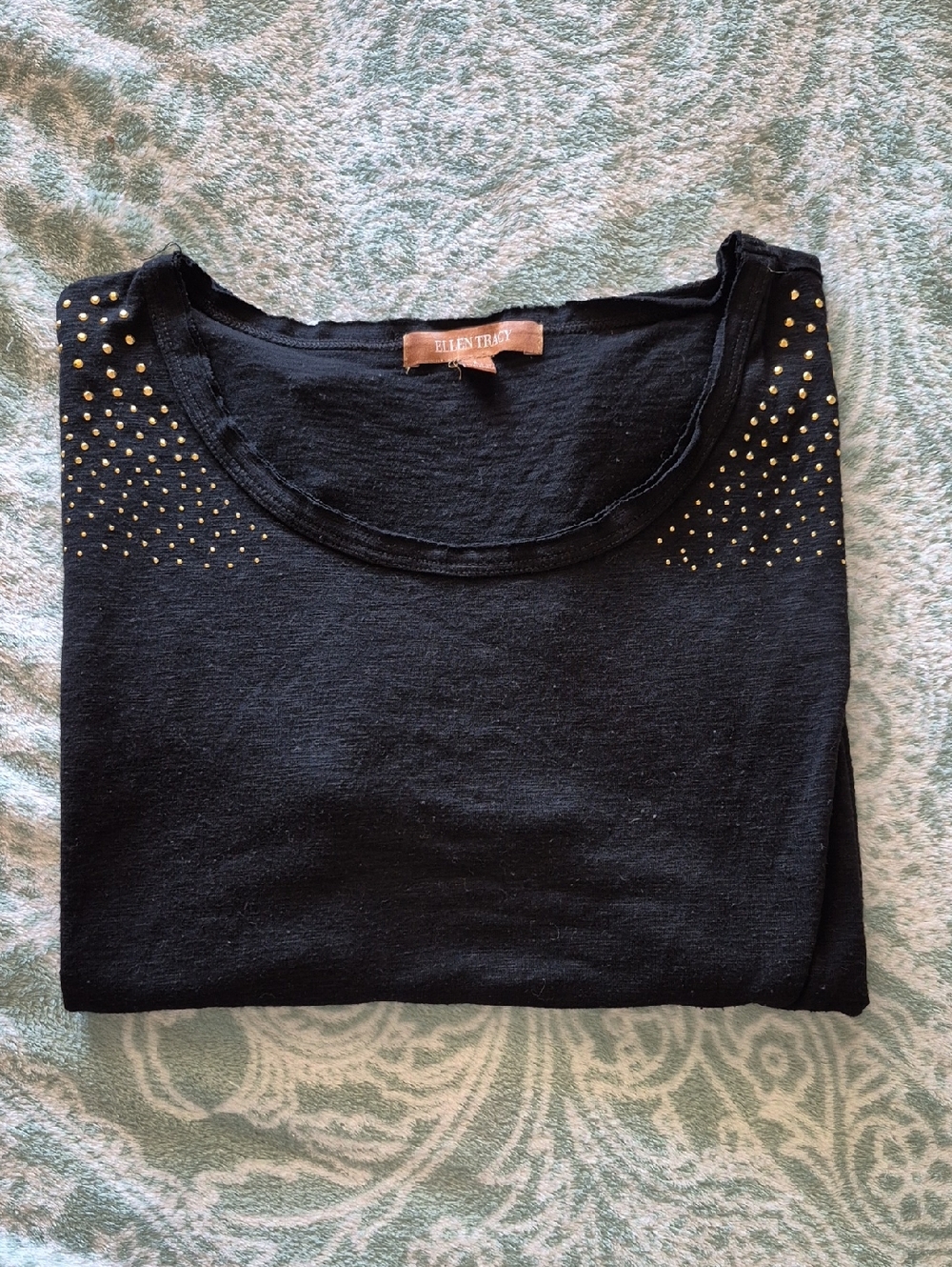 Ellen Tracy Black Short Sleeve Top with Gold Stud Accents